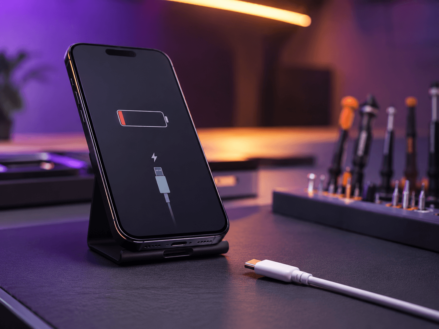 Téléphone affichant une batterie faible